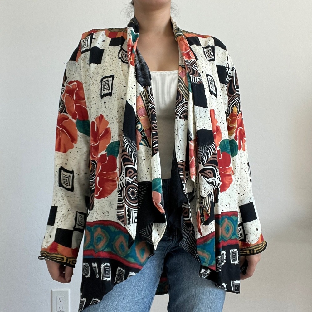 Componix Open Front Cardigan Women Size M Multi-Color Floral Geometric Vintage
